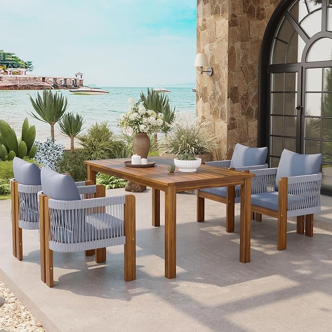 5-Piece Outdoor Patio Dining Set for 4, Solid Acacia Wood Table with Rope Woven Chairs, Farmhouse Style for Garden Backyard Poolside (Brown,Gray)