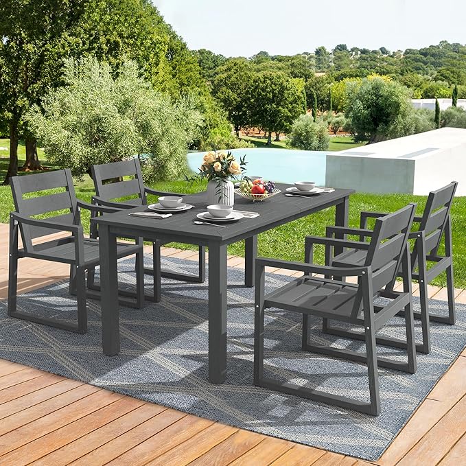 Cozyman Patio Table and Chairs Set, HDPS Outdoor Dining Set for 6, Patio Furniture for Deck, Poolside, and Backyard, Dark Gray