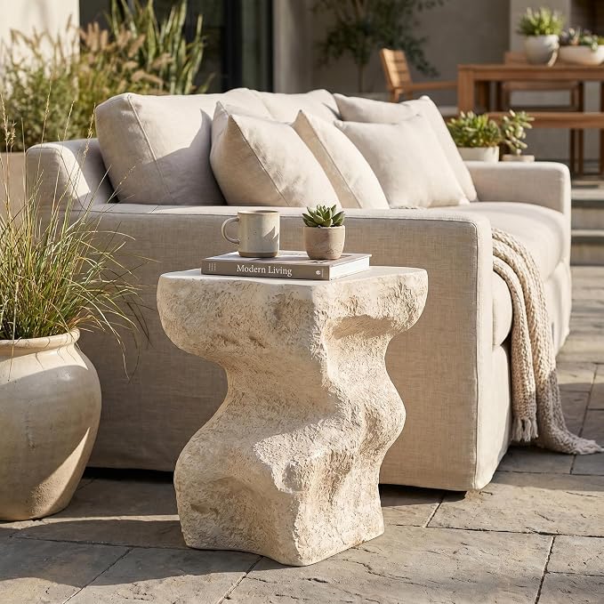 Outdoor Side Table, Modern Organic MGO Accent End Table for Patio, Living Room, Beige Tone Organic Textured Stone-Look