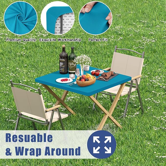 Moosfor Spandex Picnic Table Cloth 2 Pack, Elastic Fitted Tablecloths for Square Tables, Stretch Washable Patio Table Cover for Outdoor, Camping, Banquet and Parties (Teal, 34"x34")