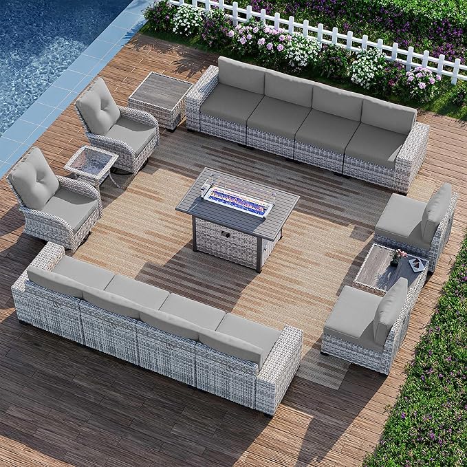 16-Piece Outdoor Patio Furniture Set with Rocking Swivel Chair, PE Wicker Rattan Sectional Sofa Patio Conversation Set with 55,000 BTU Fire Pit Table & Coffee Table, Grey