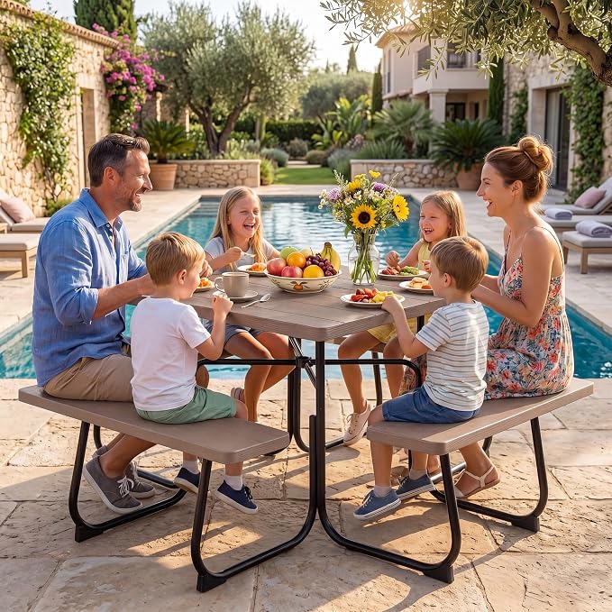 GYMAX Picnic Table Bench with Umbrella Hole, 8 Person Square Outdoor Picnic Table with Metal Frame & HDPE Tabletop, Camping Table for BBQ Yard Patio, 2300LBS Capacity (Coffee)