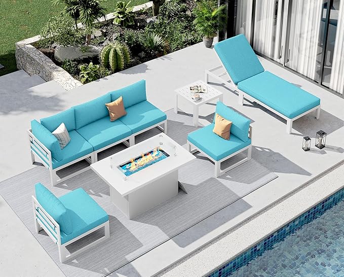 NICESOUL 8 Pcs Large Modern Aluminum Outdoor Sofa with Lounger & Fire Pit Table, 29" Deep Wide Seat, 500 lbs Durable Sectional Set for Heavy People, All Weather Patio Furniture Set for Backyard, Teal