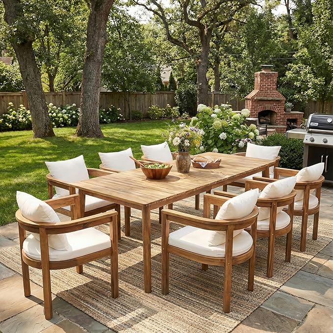 Christopher Knight Home Abaco Outdoor Acacia Wood Dining Table Set for 8, Outdoor Dining Set, Patio Table and Dining Chairs Set of 8 with Cushions, 9 Pieces Patio Set with Cushions, Beige and Teak