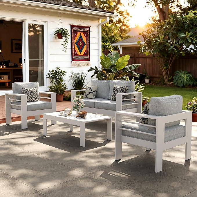 LayinSun Outdoor Aluminum Furniture Set, 4 Pieces Patio Sectional Conversation Chat Sofa Modern Seating Set with Coffee Table