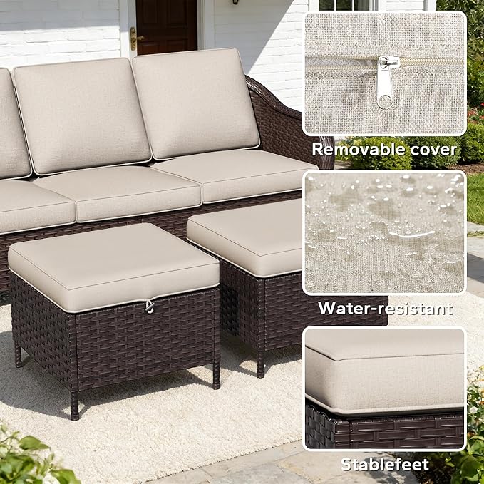 8 Piece Patio Wicker Conversation Set, All-Weather Use Outdoor Wicker Loveseat with 2 PE Rattan Ottomans,4 Swivel Chair, 1 Side Table, Ideal for Porch, Backyard, Balcony, Poolside, Beige