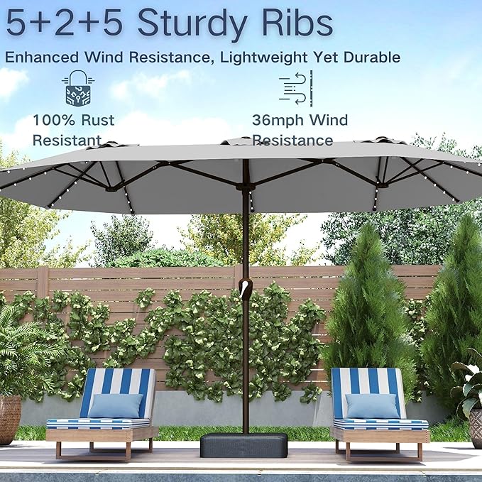 Kingdura 15ft Large Patio Umbrella with Solar Lights, Double-Sided Rectangle Lighted Outdoor Table Umbrella with Base Included, 12 Reinforced Ribs, 48 Led Lights, Crank Lift for Market Pool Deck Backyard, Light grey