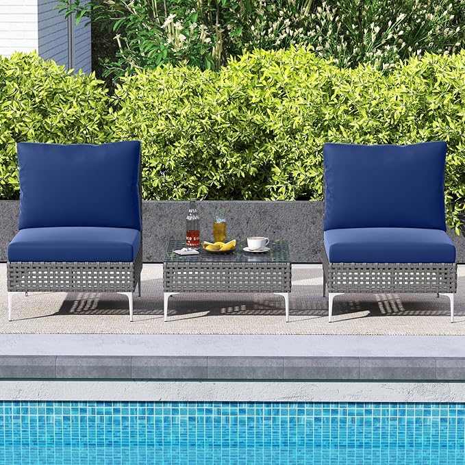 Tangkula 3 Pieces Patio Furniture Set, PE Rattan Conversation Chairs with Tempered Glass Coffee Table, Soft Back & Seat Cushions, Heavy Duty Metal Frame, Outdoor Bistro Set for Garden & Pool