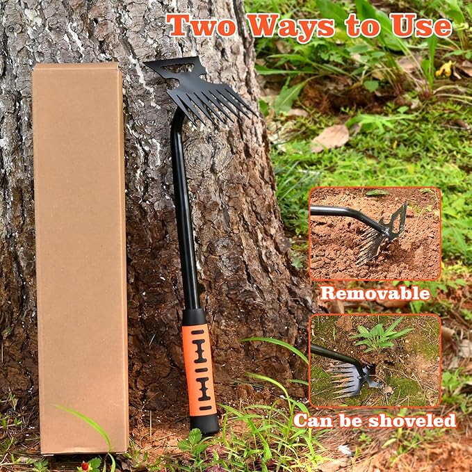 BokingOne Portable Weed Removal Tool - 8-Prong Manganese Steel with Black Baked Rust-Proof Coating for Garden Lawn Farm, Non-Slip Rubber Handle