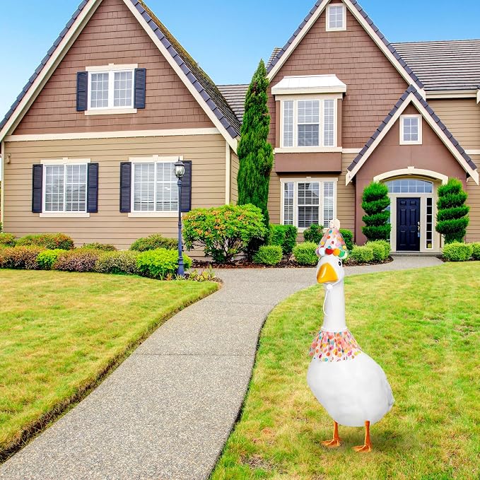 Birthday Porch Goose Outfit Lawn Clothes Hat and Tutu Collar Plastic Outfits for 23" 17" Cement Goose Outdoor Garden Lawn Art Decor(Colorful,Dots)