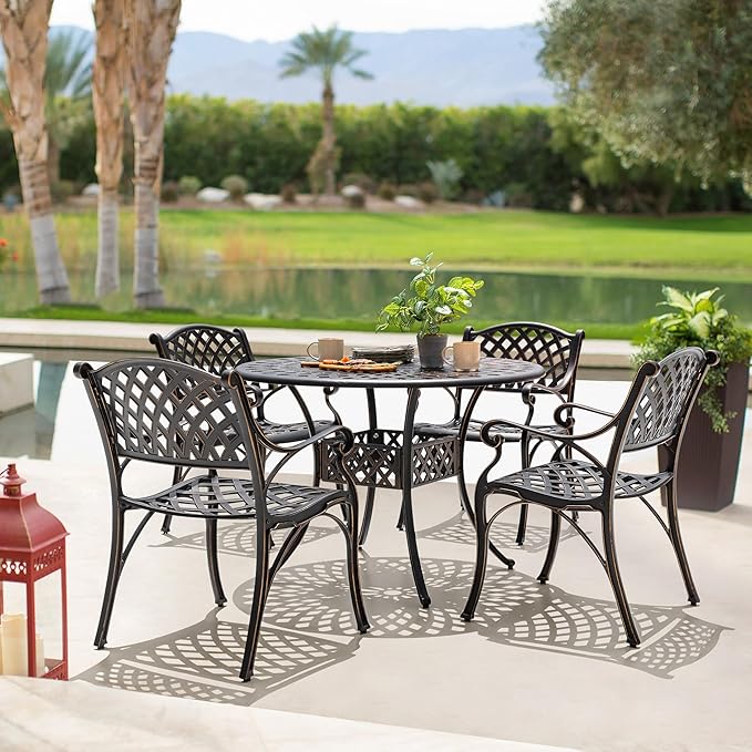 NUU GARDEN Outdoor 5-Piece Patio Dining Set, 4 Patio Chairs and 42'' Round Dining Table with 2.24" Umbrella Hole, Cast Aluminum Frame, for Patio, Deck, Garden, Backyard, Balcony, Antique Bronze