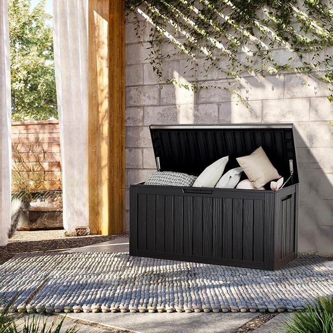 TARKARI 80 Gallon Outdoor Storage Box Waterproof, Resin Deck Boxes with Lockable Lid & UV-Resistant for Patio, Pool, Garden Furniture Cushions & Accessories, Black