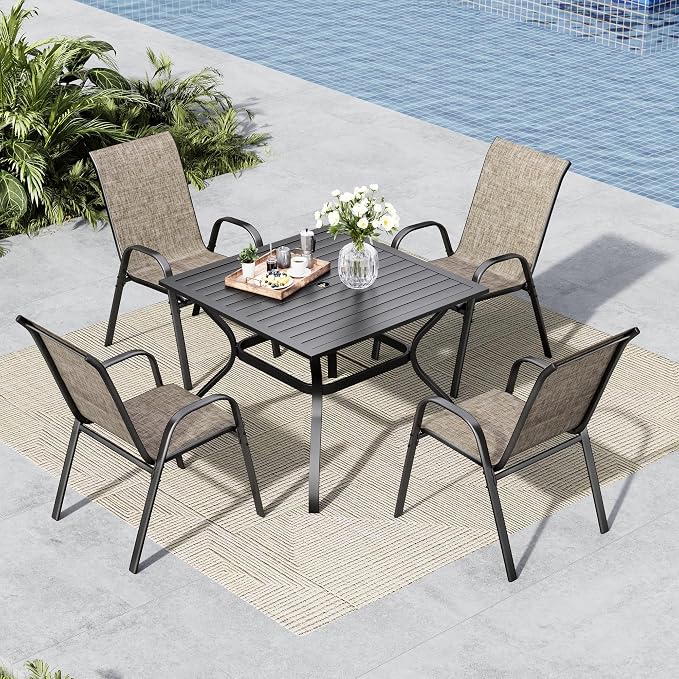 MFSTUDIO Patio Table and Chairs Set of 4, Outdoor Dining Set with Umbrella Hole, 5 Piece Patio Dining Set with Stackable Chairs