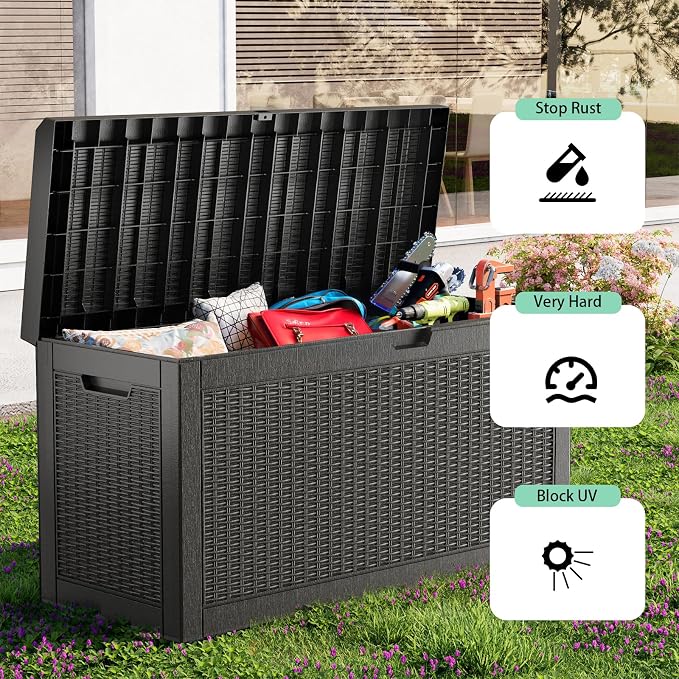 Deck Box Large Outdoor Storage for Patio Furniture,Outdoor Cushions,Garden Tools and Pool Supplies,Waterproof,Resin,Lockable (Black, 60 Gallon)