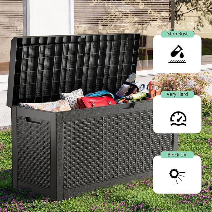 PatioZen 60 Gallon Deck Box,Resin Outdoor Storage Box with Lockable for Patio Furniture, Pool Accessories, Garden Tools, Waterproof Outside Storage Box, Black