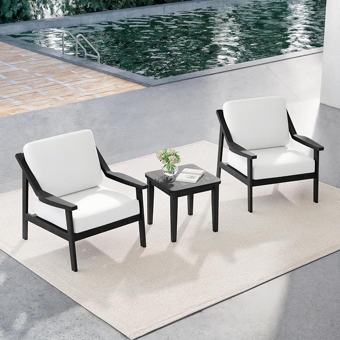 Outdoor Patio Furniture Set, 3 Piece Patio Conversation Sets with Washable Thick Cushions, All-Weather Solid Wood Patio Bistro Set for Porch, Balcony, Black Frame & Beige Cushion