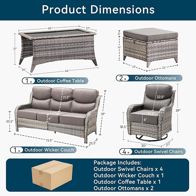 Luxury 8 Pieces Outdoor Patio Furniture Set-All Weather Wicker Swivel Rocker Patio Chairs with 6" Thick Cushion Rattan Sofa Coffee Table, Outdoor Conversation for Garden Porch Backyard(Grey/Grey)