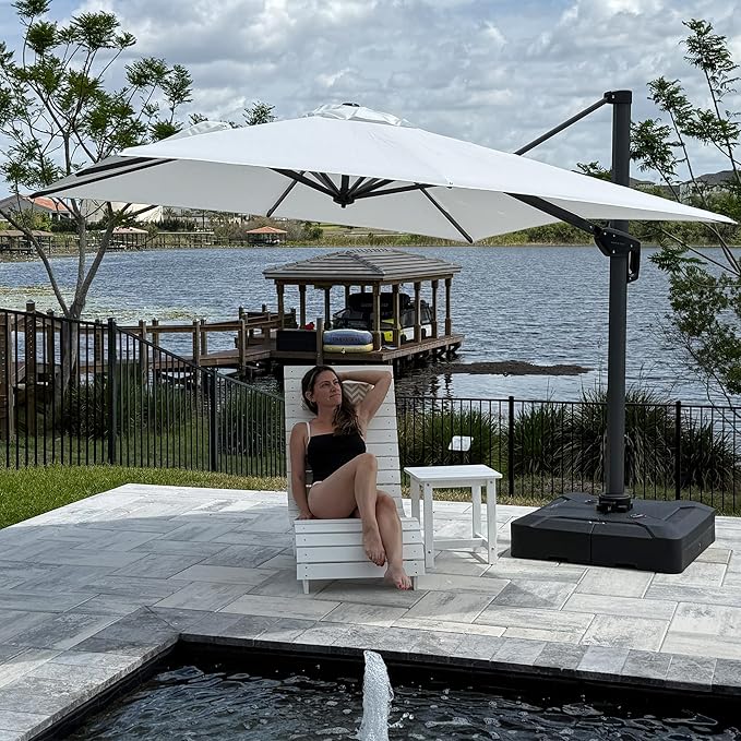 PURPLE LEAF 8' X 8' Patio Umbrella for Pool 7' High Offset Outdoor Cantilever Umbrella Swimming Pool Umbrella with 360°Rotation for Poolside White