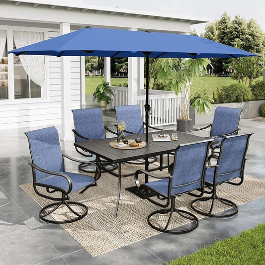 Sophia & William Patio Set with Umbrella 8 Pieces Outdoor Dining Set for 6 with 13ft Large Patio Umbrella Navy, 6 x Blue Swivel Patio Chairs with 59" Dining Table for Lawn Garden