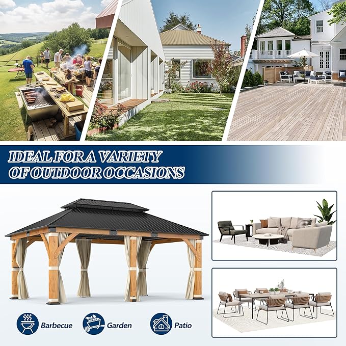 COVERONICS 12FT x 20FT Outdoor Spruce Wood Gazebo - Patio Wooden Frame Gazebo with Galvanized Steel Double Roof, Heavy-Duty Hardtop Gazebos with Netting & Curtains for Garden, Poolside, Deck, Backyard