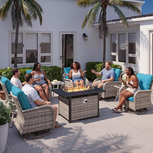10Pcs Patio Rocking Swivel Chair with 55,000 BTU Fire Pit Table Outdoor Wicker Rattan Bistro Set with Tempered Glass Side Table, Outdoor Patio Furniture Set for Garden and Balcony, Turquoise