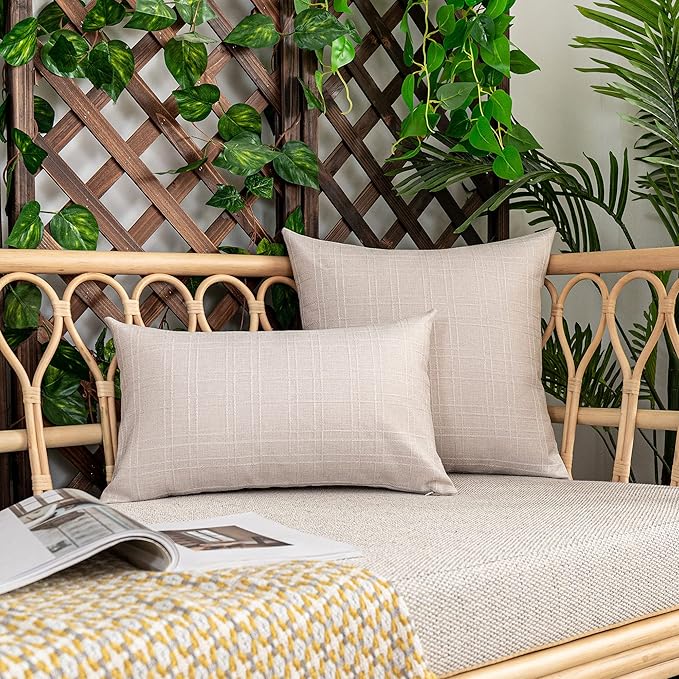 Kevin Textile Outdoor Waterproof 26”x26” Pillow Covers 2 Pack, Light Beige | Water Resistant, Soft Faux Linen-cotton Yarn-dyed Woven Texture Throw Pillow Covers for Tent Patio Garden Couch Sofa