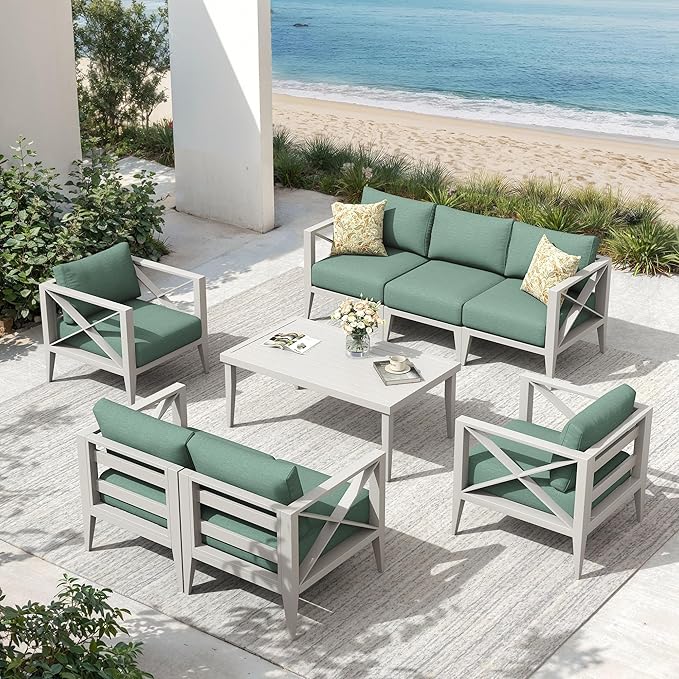 8-Piece Aluminum Patio Furniture Set, Oversized Outdoor Conversation Sofa Set with Coffee Table, White All-Weather Deep Seating, Rust-Proof Frame for Backyard, Deck, Porch, or Balcony