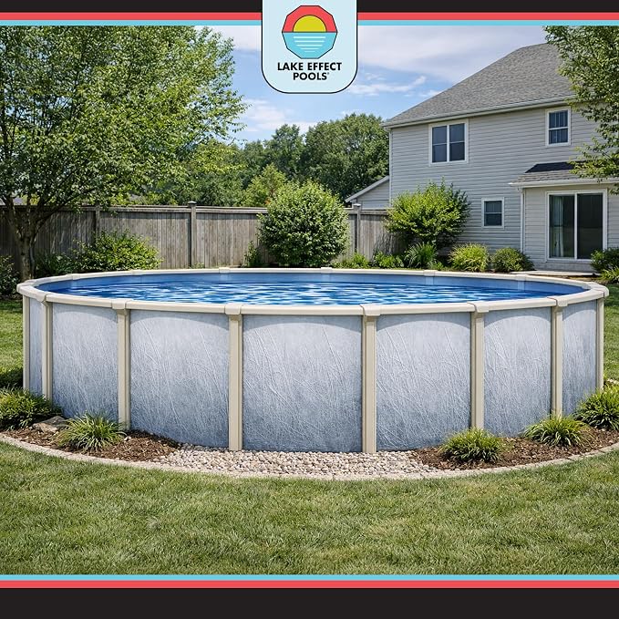 Lake Effect Pools 'Bermuda' 18 ft Round Above Ground Swimming Pool | 48 Inch Walls | 6" Steel Top Ledge | Bundle Includes: 25 Gauge Overlap Liner & Widemouth Skimmer