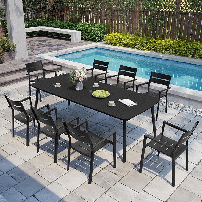 Crestlive Products Outdoor Dining Table for 8-10 People, 95in Patio Rectangle Table, Aluminum Frame with Durable Wood-Like Tabletop and Umbrella Hole Perfect for Patio, Garden, and Lawn