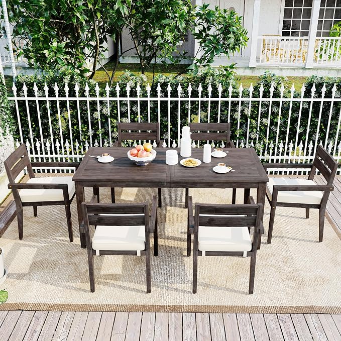 7 Piece Patio Dining Table Set with Removable Cushion, Outdoor Acacia Wood Furniture Set for Garden, Backyard, Lawn, Poolside (A-Gray)