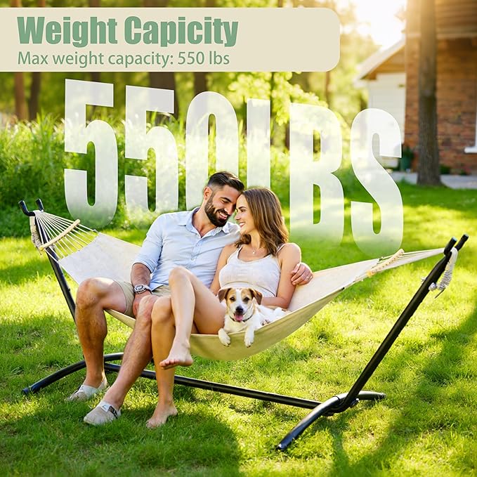 2 Person Hammock with Stand for Indoor & Outdoor, 550lbs Sturdy Steel Frame - Anti-Flip Curved Bars Safety - Comfortable Cotton Portable Hammock for Patio, Sunroom, Bedroom, Natural Beige