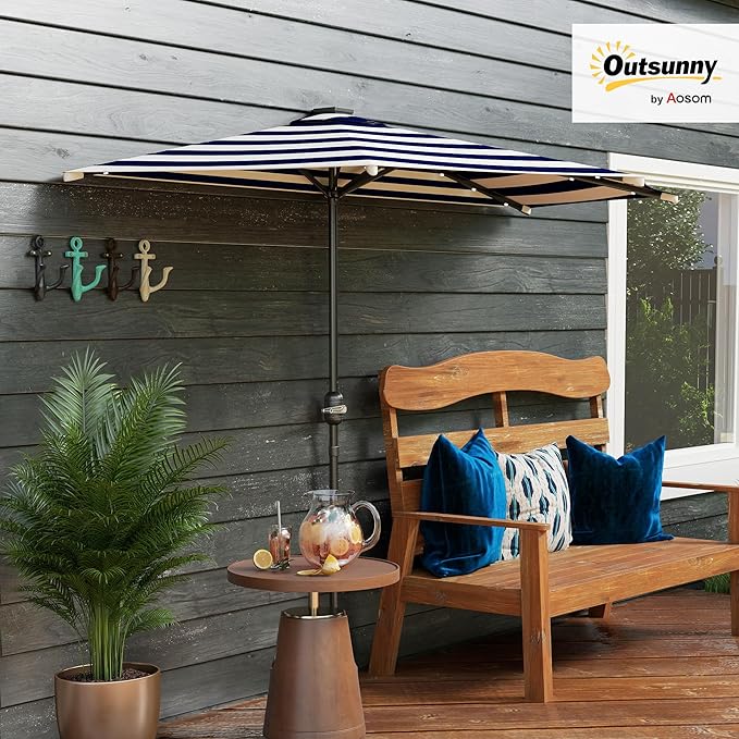 Outsunny Half Outdoor Patio Umbrella, UPF 30+ Small Vented Half Patio Umbrella with Crank 8 Ribs for Balcony Porch Garden Deck Poolside