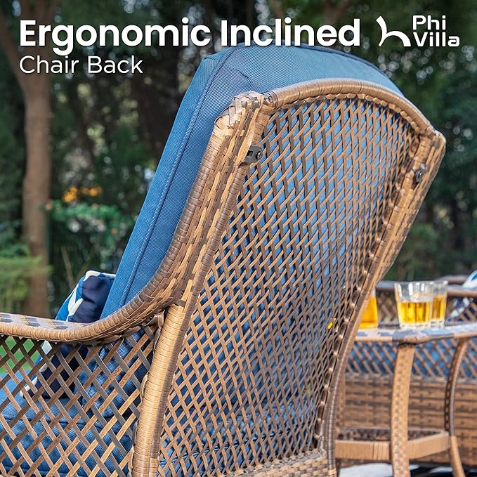 PHI VILLA Oversized Outdoor Wicker Patio Furniture Set 3 Piece, 2 Rattan Swivel Rocker Patio Chairs Large Oversized Deep Seating Group with Navy Blue Cushions & Side Table