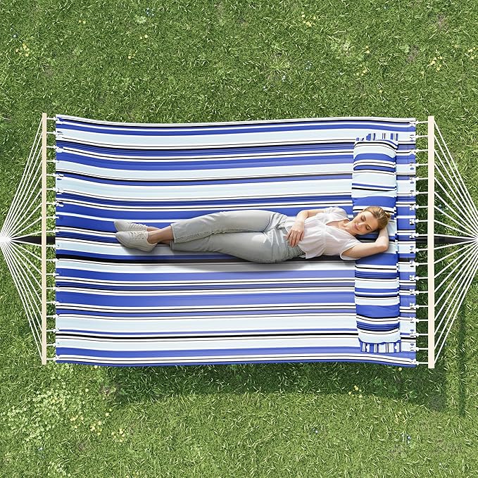 GAOMON Double Hammock with Stand, 475 lb Capacity, Adjustable Portable Hammock Chair with Sturdy Steel Frame, Thick Rope, Quilted Pillow and Carrying Bag Suitable for Backyard, Camping or Outdoor