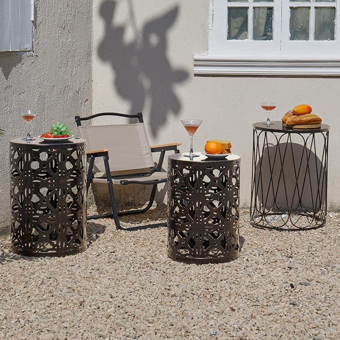 Y&M Set of 3 Metal Round Patio Side Tables, Multifunctional Coffee Table End Table for Indoor & Outdoor Garden Stool Modern Design - Black with Bronze
