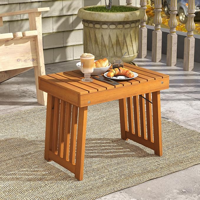Tangkula Patio Foldable Side Table, Outdoor Folding Acacia Wood Coffee Table w/Slatted Tabletop, Portable Patio Table for Backyard, Poolside, Balcony (2)