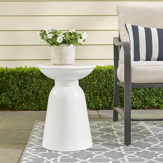 Benzara Suma Outdoor End Table, Round 15 Inch Top, Pedestal Base, White Iron