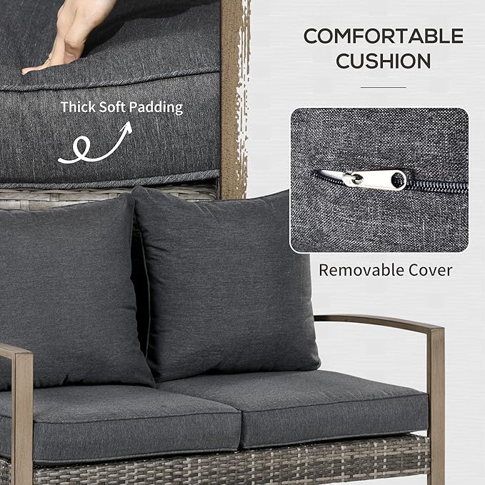 Outsunny 4 Piece Wicker Patio Furniture Set with 2 Rocking Chairs, Loveseat Sofa, Outdoor PE Rattan Conversation Set with Cushions, Aluminum Table for Porch, Poolside, Dark Gray