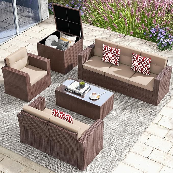 JOIVI 8 Pieces Outdoor Patio Furniture Set with 88 Gallon Storage Box, Rattan Wicker Patio Conversation Set with Coffee Tea Table, Outdoor Sectional Furniture Sofa Set with Cushions, Brown