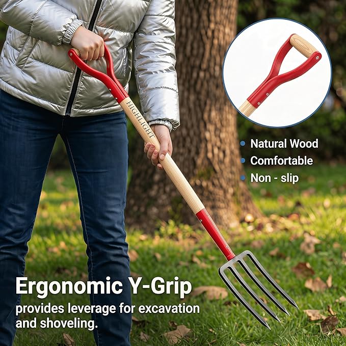 HIGHLIGHT Heavy Duty Pitchfork, 45.7" Garden Fork with 6cm Wide Tine Spacing, 4-Tine Spading & Digging Fork for Clay Soil, Composting & Mulching, Comfortable Ash-Grade Hardwood Handle, Steel D-Grip