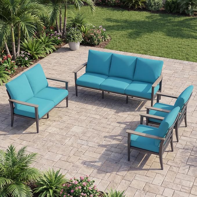 Aluminum Outdoor Patio Furniture Set 7-Seat, Patio Conversation Set Sectional Furniture Set with High Backrest & Thickened Cushions for Garden, Backyard, Poolside, Turquoise