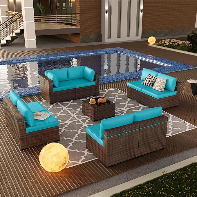 Kullavik 9 Pieces Outdoor Patio Furniture Set,Sectional Rattan Sofa Set Brown PE Rattan Wicker Patio Conversation Set with Tempered Glass Coffee Table and Washable Cushions Covers,Turquoise Blue