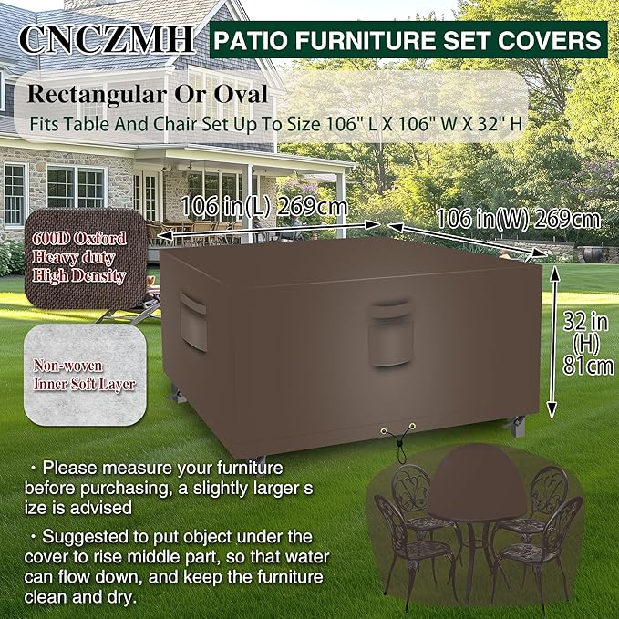 Heavy Duty Patio Furniture Covers Waterproof, 600D Outdoor Furniture Cover Waterproof for Sectional Sofa Couch, Outdoor Dining Table and Chair Set Covers 106''L x 106''W x 32''H, Brown