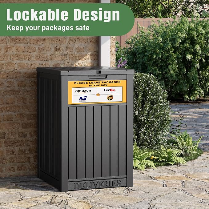 NUNU LAB Package Delivery Box for Outside, 48 Gallon Storage Deck Box with Lockable Secure, Waterproof Large Resin Drop Boxes for Porch