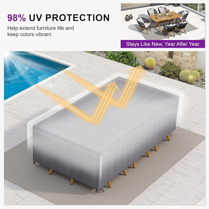 PURPLE LEAF 9 Pieces Patio Dining Set with Waterproof Furniture Cover Rectangular Table and Chairs Set for Garden Deck Aluminum Frame Backyard Kitchen Set, Cushions and Pillows Included Champagne