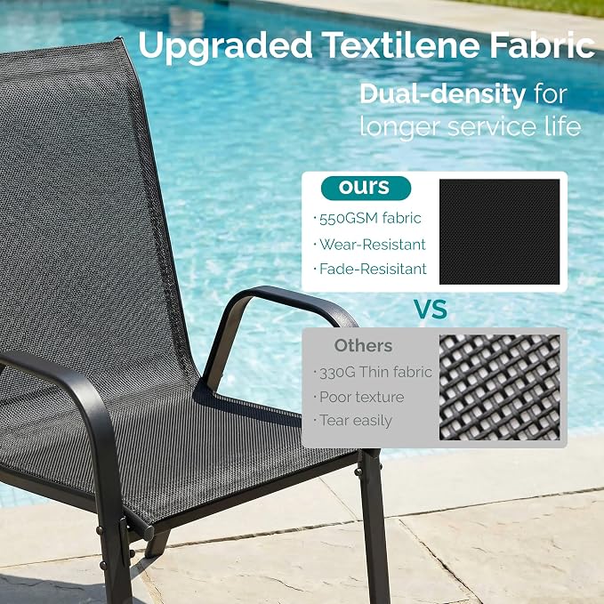 MAMIZO 7 Pieces Patio Dining Set for 6, Outdoor Table and Chairs w/Rectangle Glass Table and 6 Textilene Stackable Chairs, Patio Furniture Set w/1.69" Umbrella Hole (Grey Table & Black Chair)