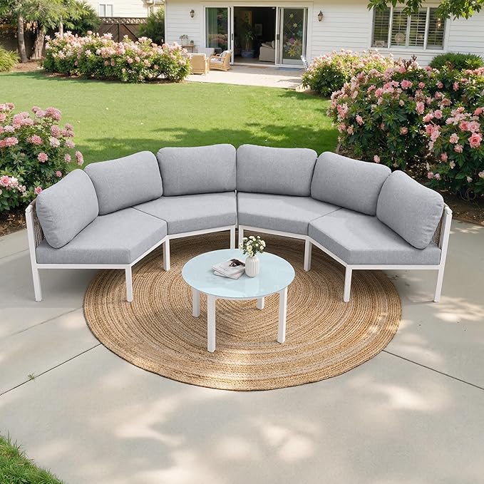 Crestlive Curved Patio Furniture Set, Modular Half Moon 4-Seater Sofa with Round Coffee Table, Aluminum Outdoor Sectional with 4.3" Cushions, All-Weather Couch for Backyard, Deck, Porch, Poolside