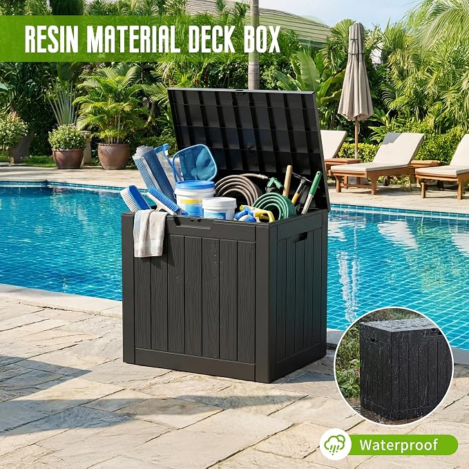 Vixzen 35 Gallon Deck Boxes Outdoor Waterproof, Lockable Resin Storage Box with lid for Furniture Cushions, Weatherproof Containers Outside Storage Boxes for Garden Patio Pool Tools (Black, 35 Gallon)