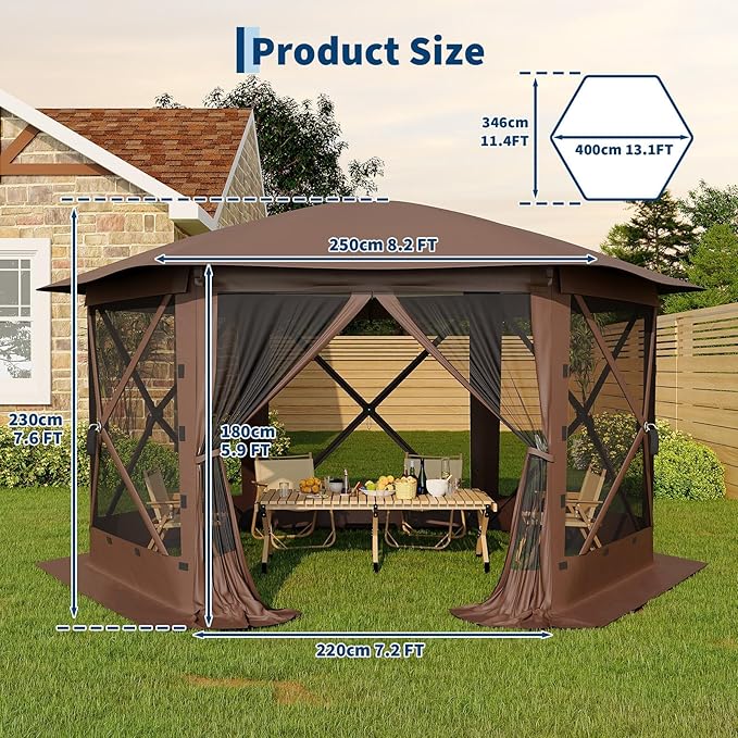 GarveeLife 13x13FT 6-Sided Pop Up Canopy Tent，One-Push Setup Canopy Tent with Removable Canopy Top & Wind Cloths, Outdoor shelter for Camping, Backyard Parties, Outdoor Events - Beige & Khaki