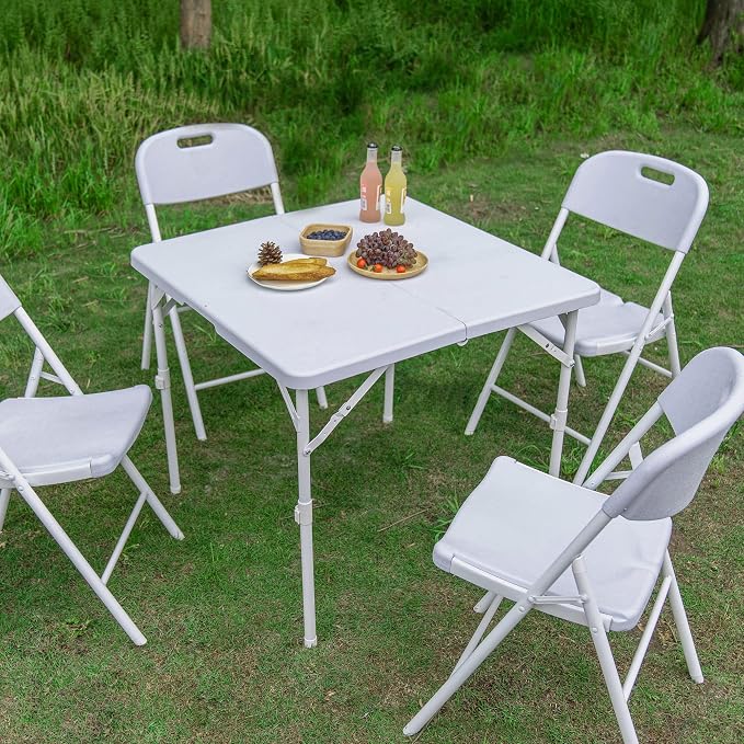 Allpop 34'' Square Folding Card Table, Fold-in-Half Portable Plastic Dining Table with Carry Handle & 2 Heights for Picnic Party Commercial Events, White